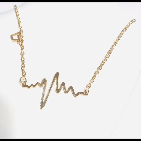 EKG Heartbeat Charm Necklace/Yellow Gold Plate - Picture 2 of 4